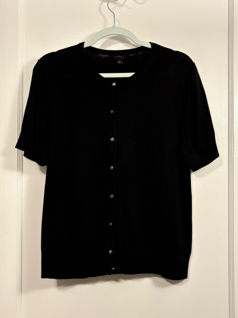 Ann Taylor Black Silk Blend Short Sleeve Crew Neck Cardigan, Large